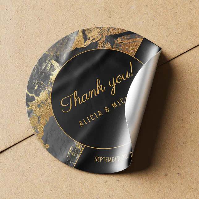 Acrylic painting gold and black wedding thank you square sticker | Zazzle