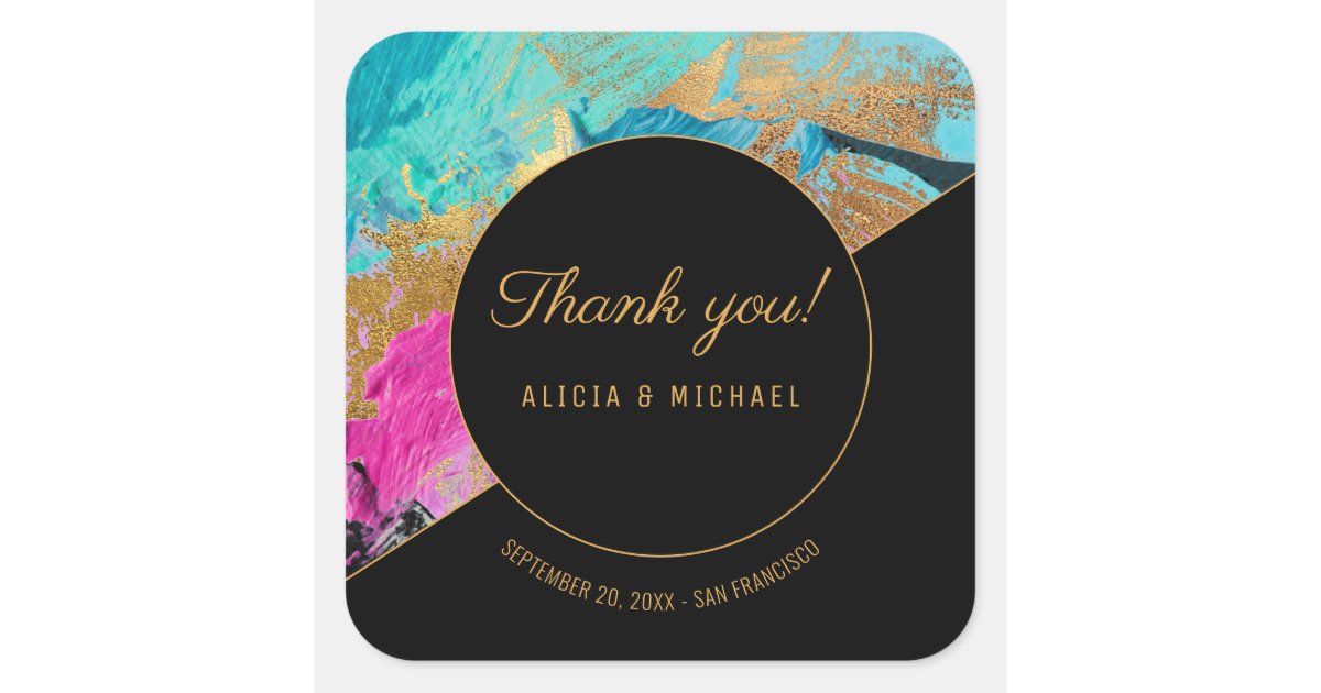 Acrylic painting gold and black wedding thank you square sticker | Zazzle