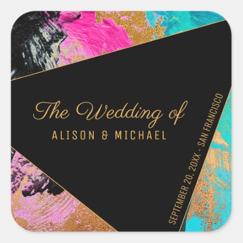 Acrylic painting gold black the wedding of square sticker