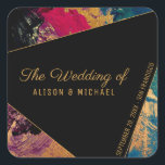 Acrylic painting gold black the wedding of square sticker<br><div class="desc">Chic sophisticated acrylic painting wedding sticker / label / seal in vibrant ruby rd, blue, purple, faux gold glitter and black color palette with abstract brushstrokes and faux gold modern contemporary fully editable typography script against a black triangled geometric shape. Personalize it with bride and groom names and wedding date!...</div>