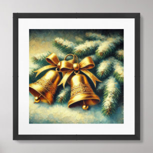 Acrylic painting vintage golden Christmas bells Framed Art