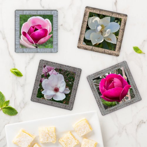 Acrylic Photo Coaster Set with Lovely Magnolias