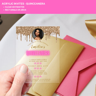 ACRYLIC PHOTO Quinceanera Hot Pink Gold Quince Invitations