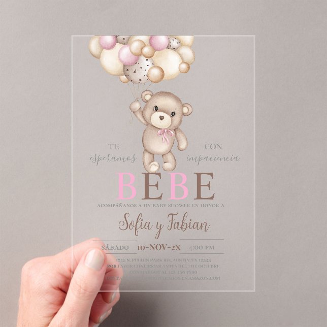 Acrylic Pink Bear Baby Shower Girl Spanish Acrylic Invitations (Insitu (Handheld))