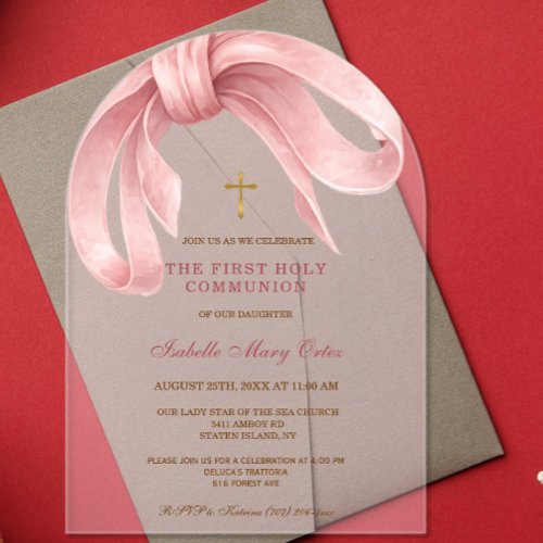 Acrylic Pink Bow  Girl First Holy Communion Invitations
