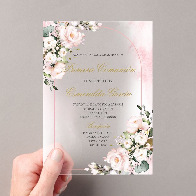Acrylic pink floral first communion in spanish acrylic invitations (Insitu (Handheld))