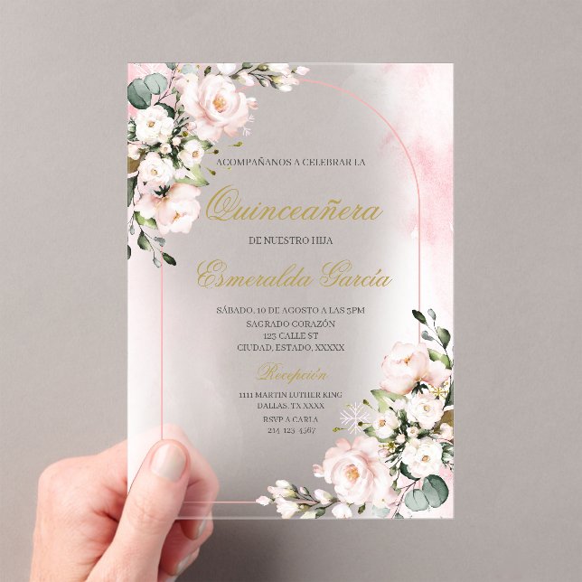 Acrylic pink floral quinceañera invitations (Insitu (Handheld))