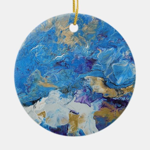 Acrylic pour abstract Blues and Gold 1 Ceramic Ornament