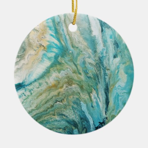 Acrylic pour abstract turquoise coast ceramic ornament