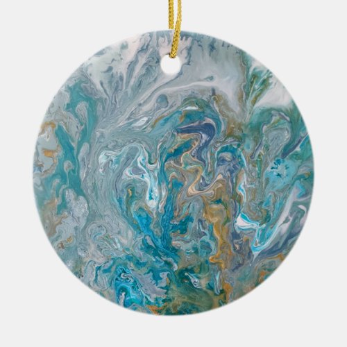 Acrylic pour abstract turquoise coast ceramic ornament