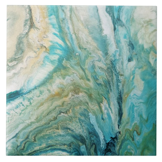Acrylic pour abstract turquoise coast ceramic tile (Front)