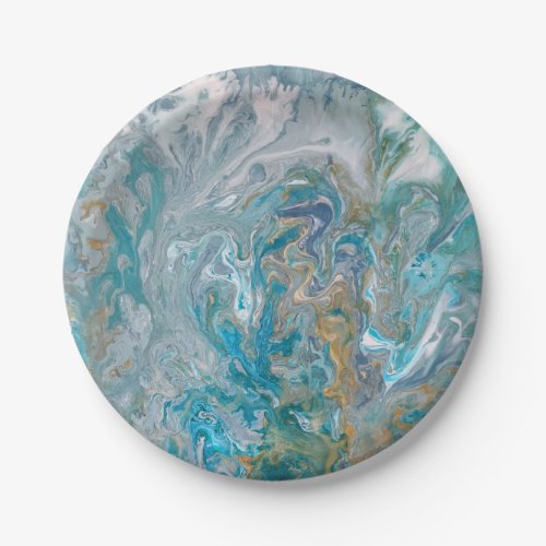 Acrylic pour abstract turquoise coast paper plates