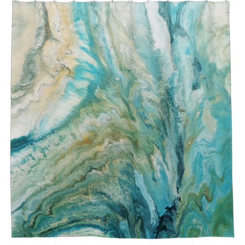 Acrylic pour abstract turquoise coast shower curtain