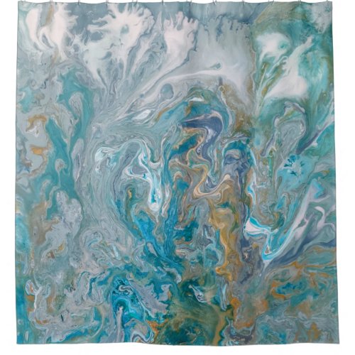 Acrylic pour abstract turquoise coast shower curtain