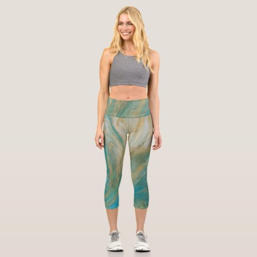 Acrylic pour abstract turquoise coastal capri leggings