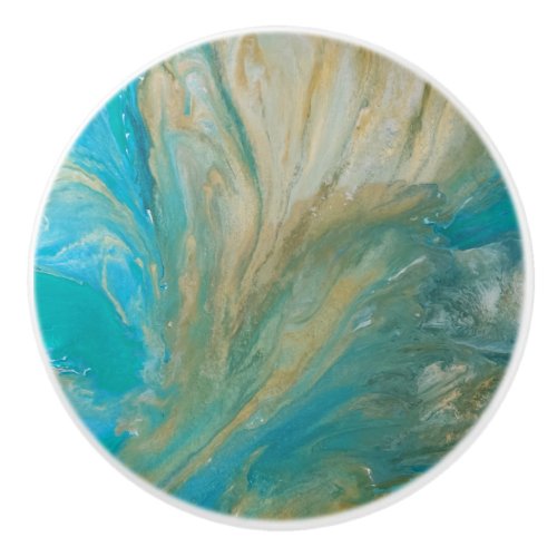 Acrylic pour abstract turquoise coastal ceramic knob