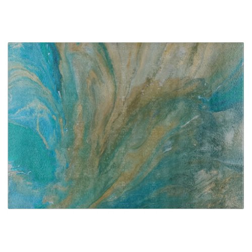 Acrylic pour abstract turquoise coastal cutting board