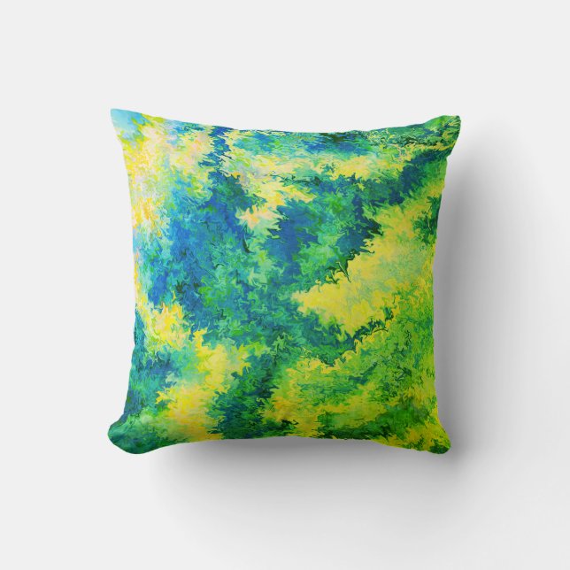 Acrylic Pour, Blue, Green, Yellow, Crystals / Throw Pillow (Front)