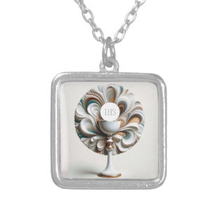 Acrylic Pour Style Communion Host and Chalice Silver Plated Necklace