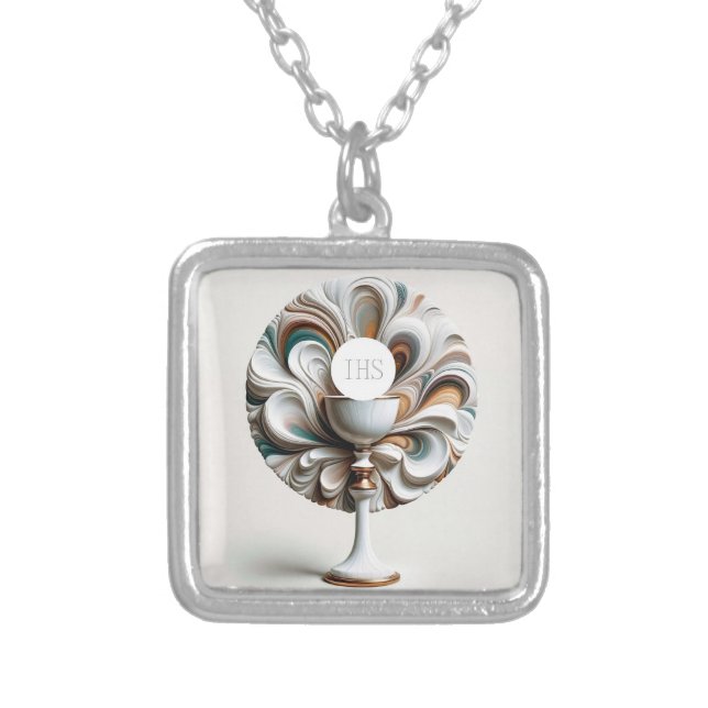 Acrylic Pour Style Communion Host and Chalice Silver Plated Necklace (Front)