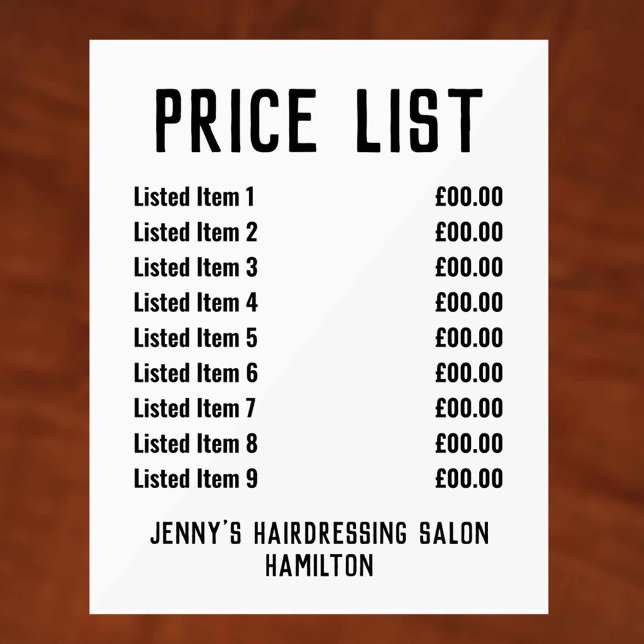 Acrylic Price List Sign (Creator Uploaded)