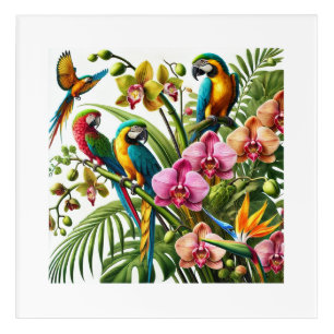 Acrylic Print of Vibrant Tropical Birds & Flora.