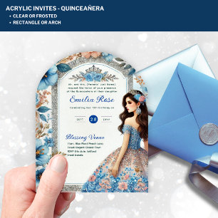 ACRYLIC Quinceañera Blue Silver Peach Dress Floral Invitations
