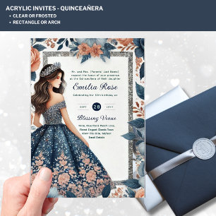 ACRYLIC Quinceañera Blue Silver Peach Dress Floral Invitations