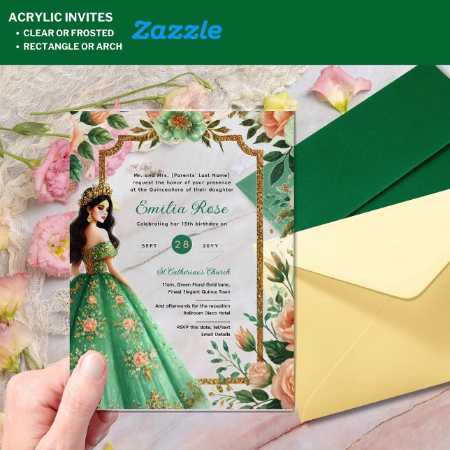 ACRYLIC Quinceañera Emerald GREEN Gold Dress Invitations (Creator Uploaded)