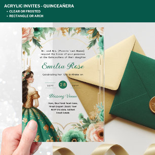 ACRYLIC Quinceañera Emerald GREEN GOLD Dress Invitations