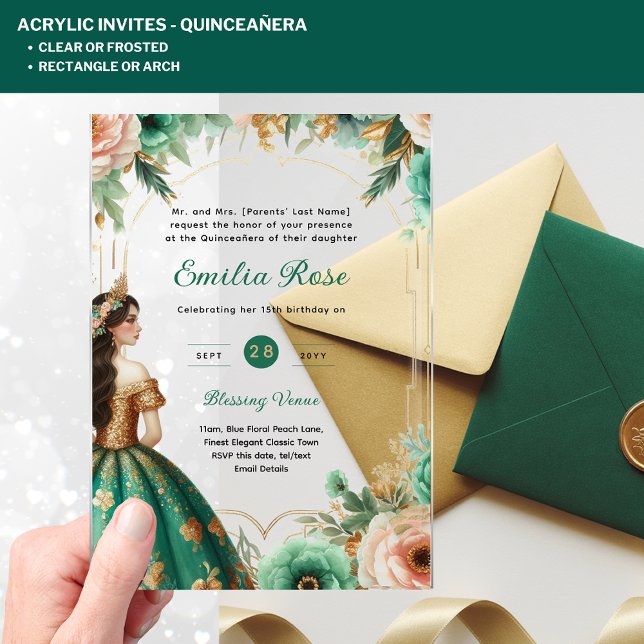 ACRYLIC Quinceañera Emerald GREEN GOLD Dress Invitations (Creator Uploaded)