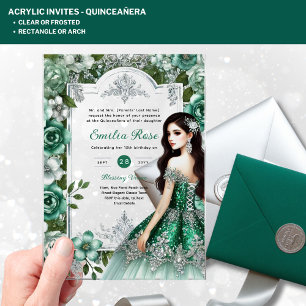 ACRYLIC Quinceañera Emerald GREEN Silver Dress Invitations