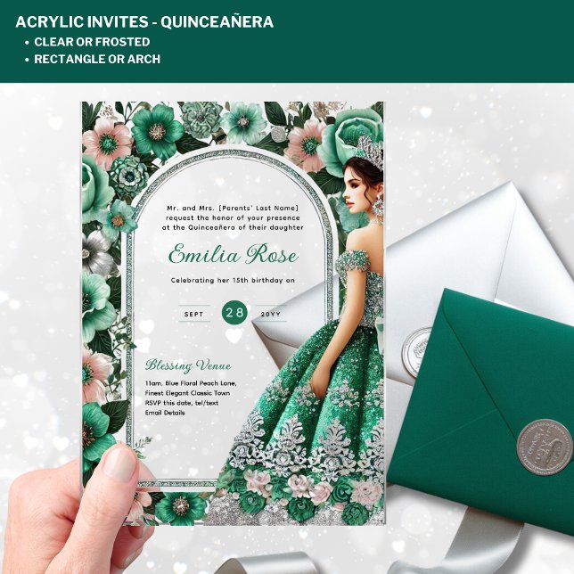 ACRYLIC Quinceañera Emerald GREEN Silver Dress Invitations (Creator Uploaded)