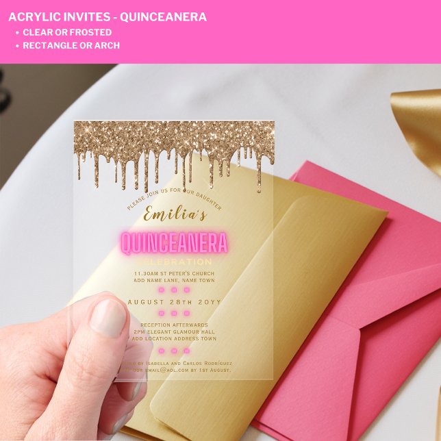 ACRYLIC Quinceanera Hot Pink Gold Glam Diva Quince Acrylic Invitations (Creator Uploaded)