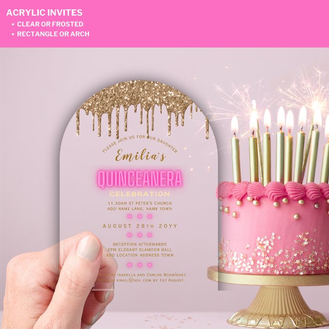 ACRYLIC Quinceanera Hot Pink Gold Glam Diva Quince Invitations (Creator Uploaded)