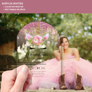 ACRYLIC Quinceanera Pink Unicorn Dripping Glitter Invitations
