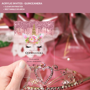 ACRYLIC Quinceanera Pink Unicorn Dripping Glitter Invitations