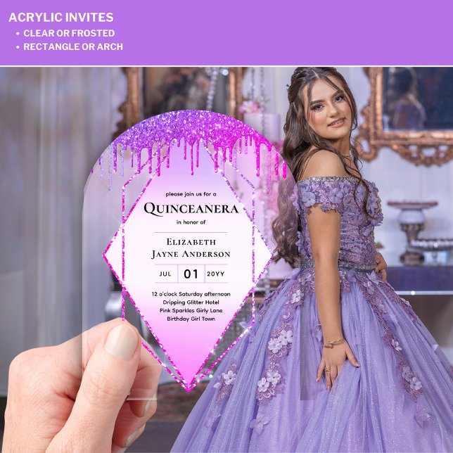 ACRYLIC Quinceanera Purple Dripping Pink Glitter Invitations (Creator Uploaded)