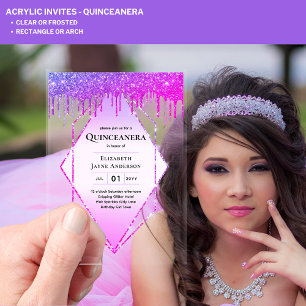 ACRYLIC Quinceanera Purple Dripping Pink Glitter Invitations