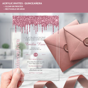 ACRYLIC Quinceanera Rose Gold Pink Glitter Acrylic Invitations