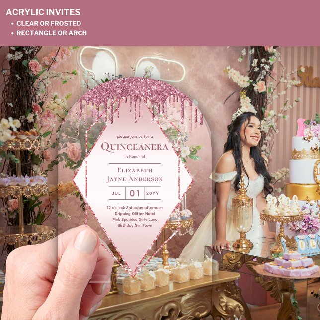 ACRYLIC Quinceanera Rose Gold Pink Glitter Invitations (Creator Uploaded)