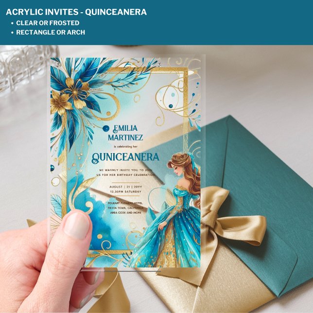 ACRYLIC Quinceanera Teal Gold Floral Dress Quince Invitations (Creator Uploaded)