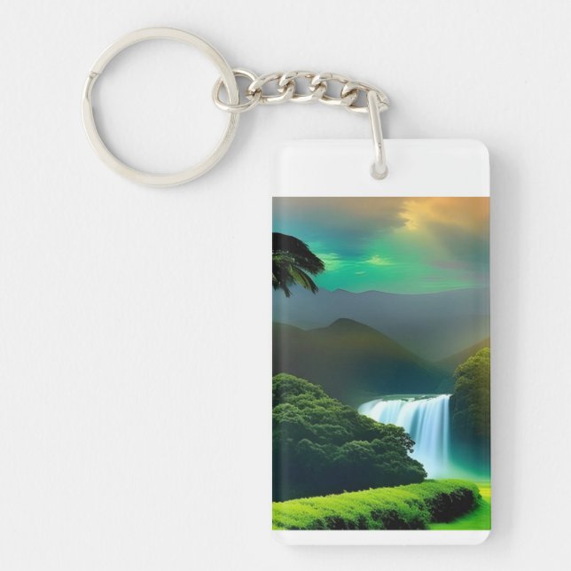 Acrylic rectangular keychain tropical waterfall (Front)