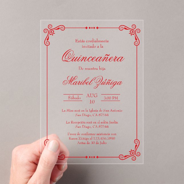 Acrylic red theme quinceañera acrylic invitations (Insitu (Handheld))