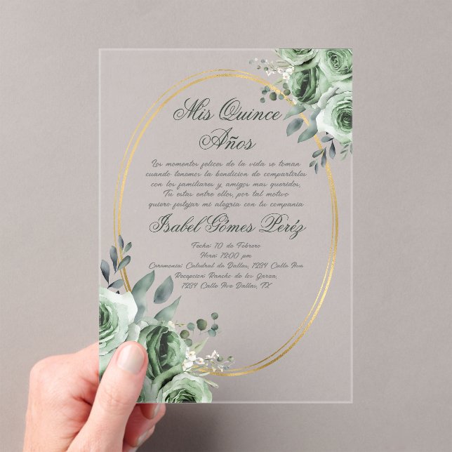 acrylic sage green quinceañera invitations (Insitu (Handheld))