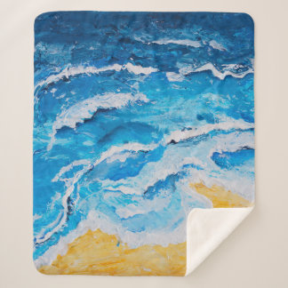 Acrylic sea and beach painting on drawing stand wi sherpa blanket