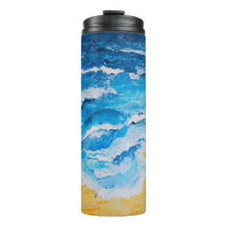 Acrylic sea and beach painting on drawing stand wi thermal tumbler