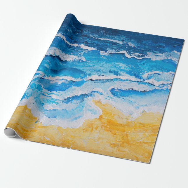 Acrylic sea and beach painting on drawing stand wi wrapping paper (Unrolled)