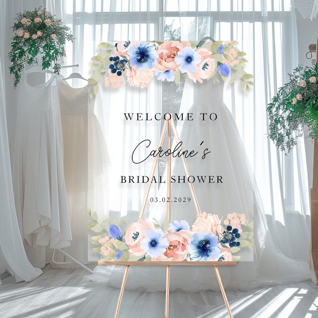 Acrylic Sign (Peach-Blue Floral, Bridal shower acrylic sign with your name and date-)