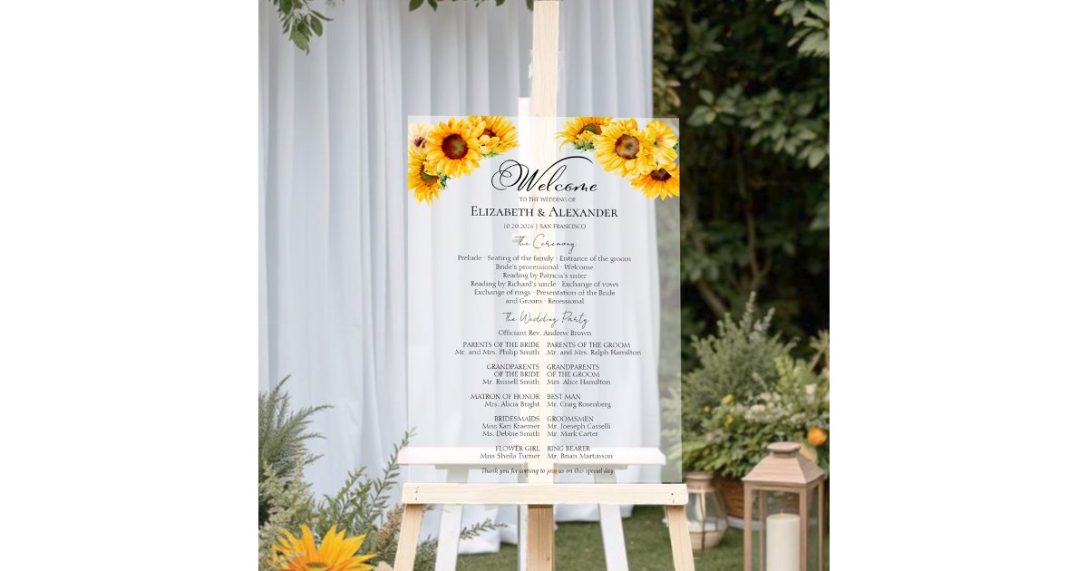 Acrylic Sunflower Wedding Ceremony Program Sign | Zazzle